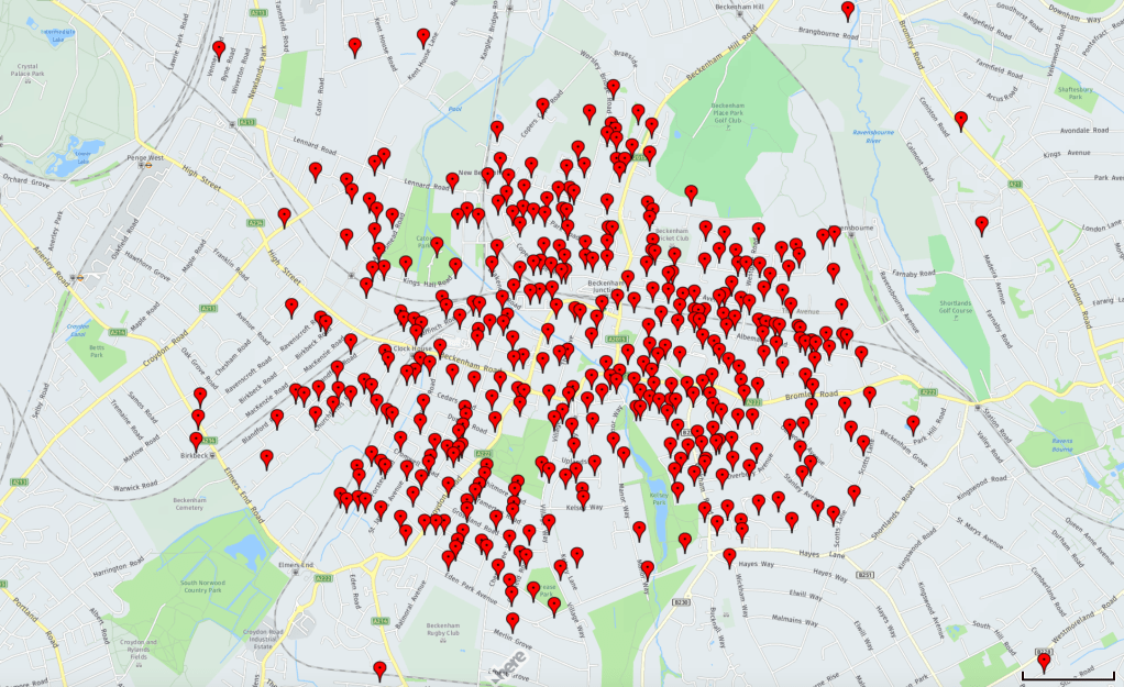 Map showing the distribution of responses across Beckenham. Note, the markers represent the postcodes of residents who completed the survey, not the specific location of properties.
